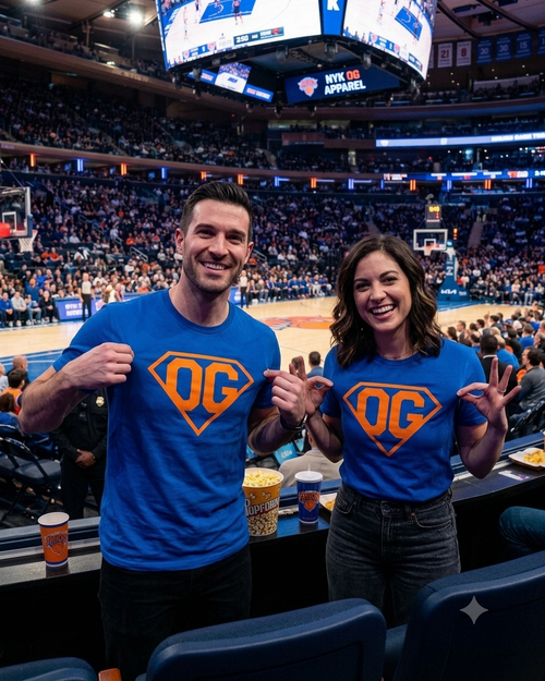 NY Knicks inspired Superman logo tee front fan view