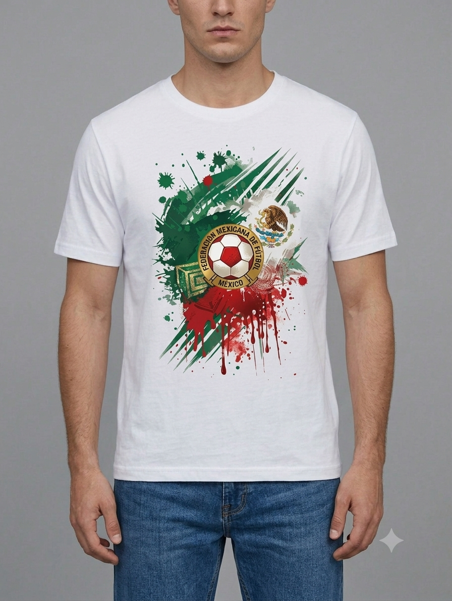 Close-up of El Tri paint-splatter graphic print on green cotton tee
