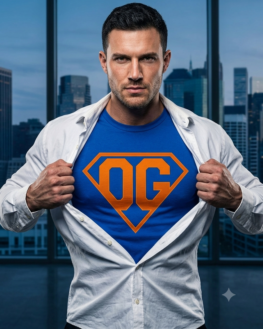 Close-up of Superman diamond emblem on blue cotton tee