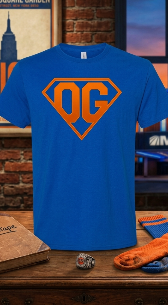 OG Anunoby Superman graphic tee blue and orange front view