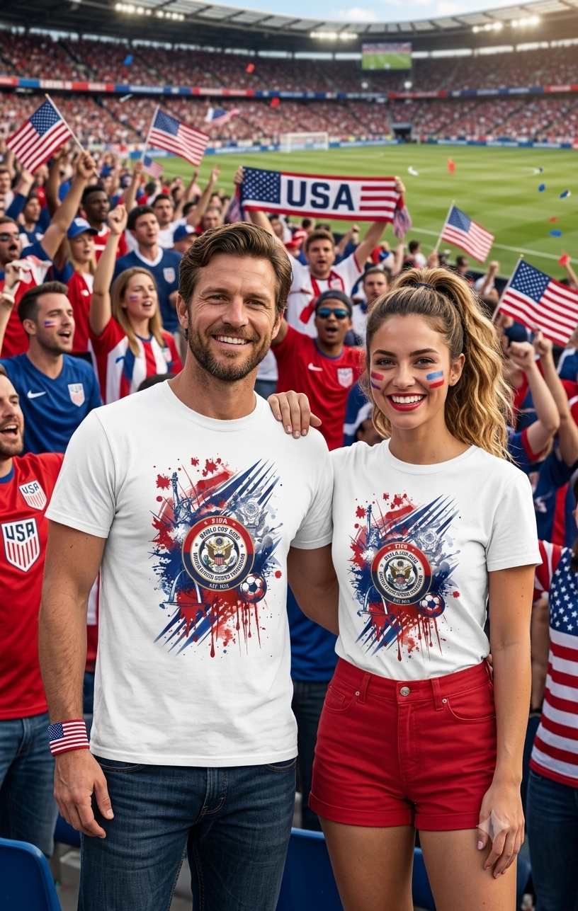 Close-up of USA soccer paint-splatter graphic print on white cotton tee