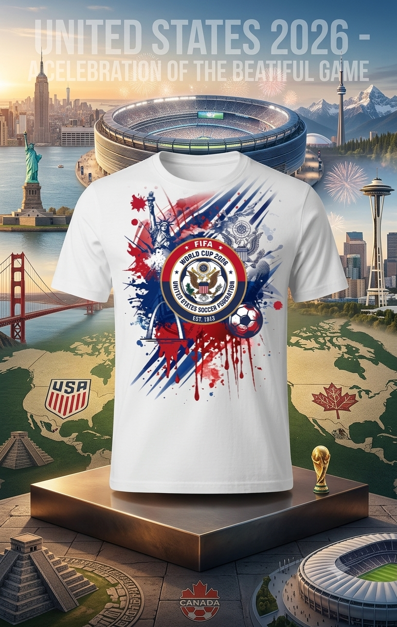 USA Soccer FIFA 2026 white graphic t-shirt front view Stars & Stripes