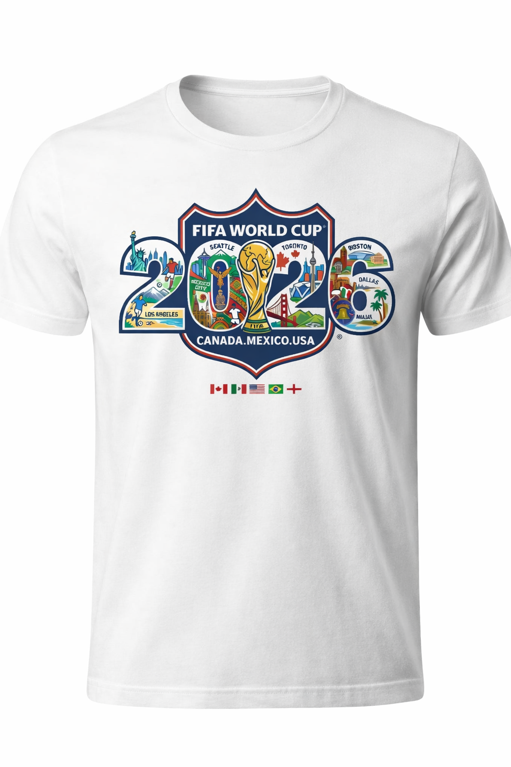 White t-shirt with FIFA World Cup 2026 logo on a white background