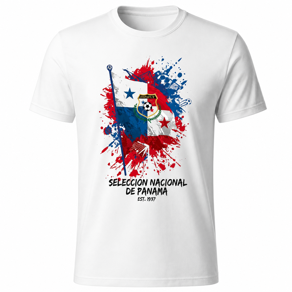 White t-shirt with Panamanian flag design and text on a white background