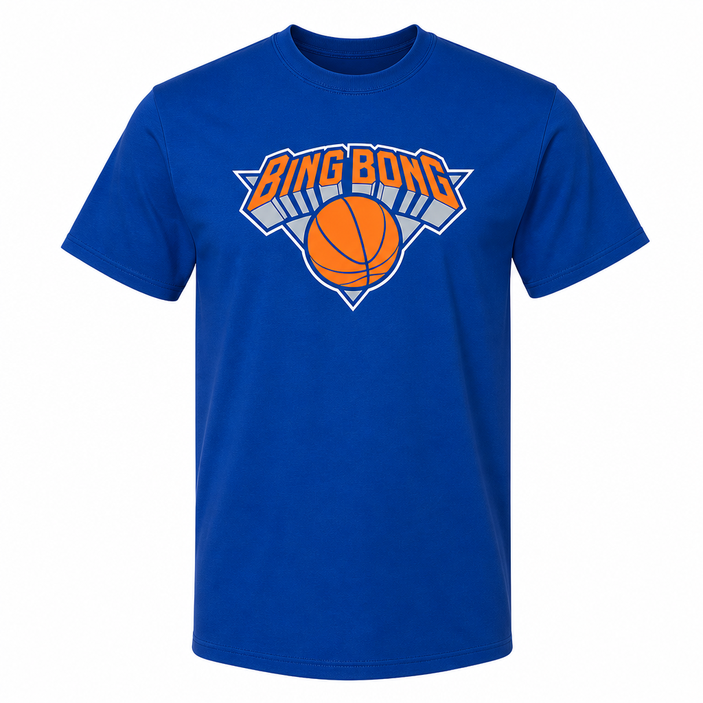 Blue t-shirt with 'Bing Bong' and basketball graphic on a white background