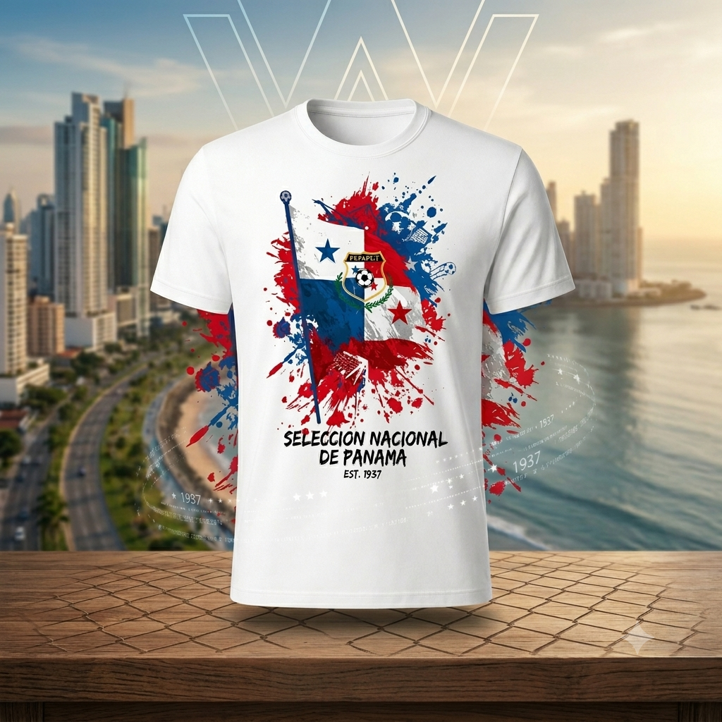 White t-shirt with Panamanian flag design on a wooden surface with cityscape background