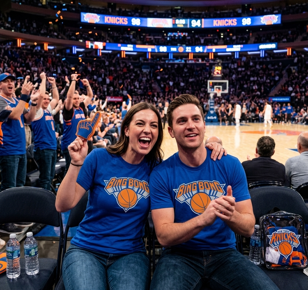 Two people wearing blue t-shirts with a basketball team logo at a sports event.