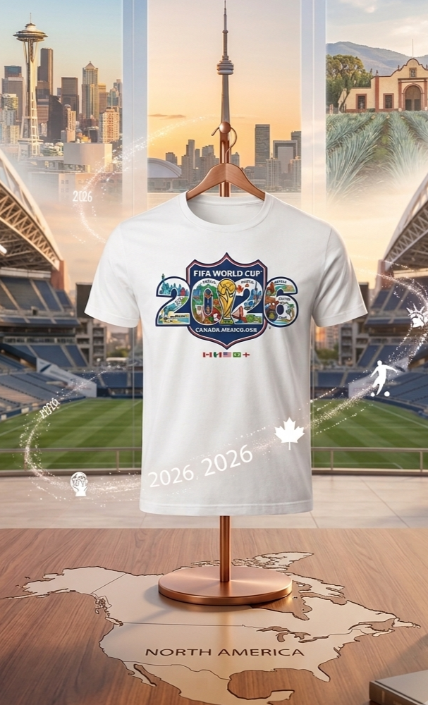 White t-shirt with 2026 FIFA World Cup logo on a mannequin against a sports arena and cityscape background.