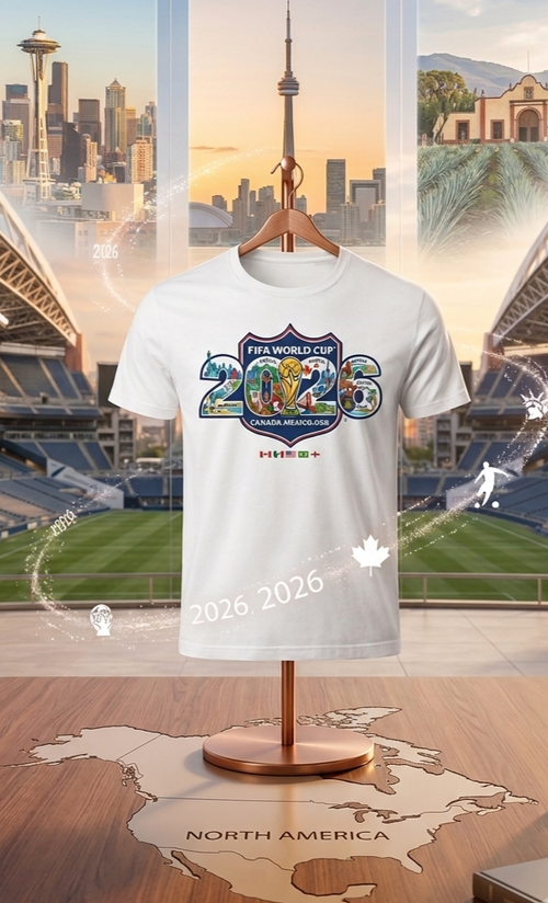 White t-shirt with 2026 FIFA World Cup logo on a mannequin against a sports arena and cityscape background.