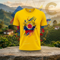 Yellow t-shirt with colorful design on a scenic background