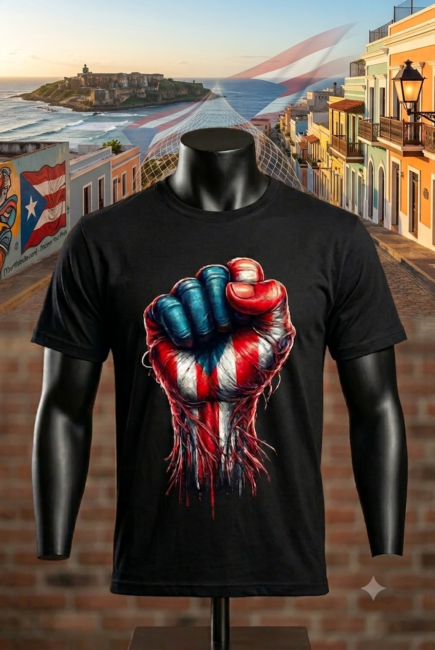 Black t-shirt with a fist graphic in red, white, and blue on a mannequin against a colorful street backdrop.
