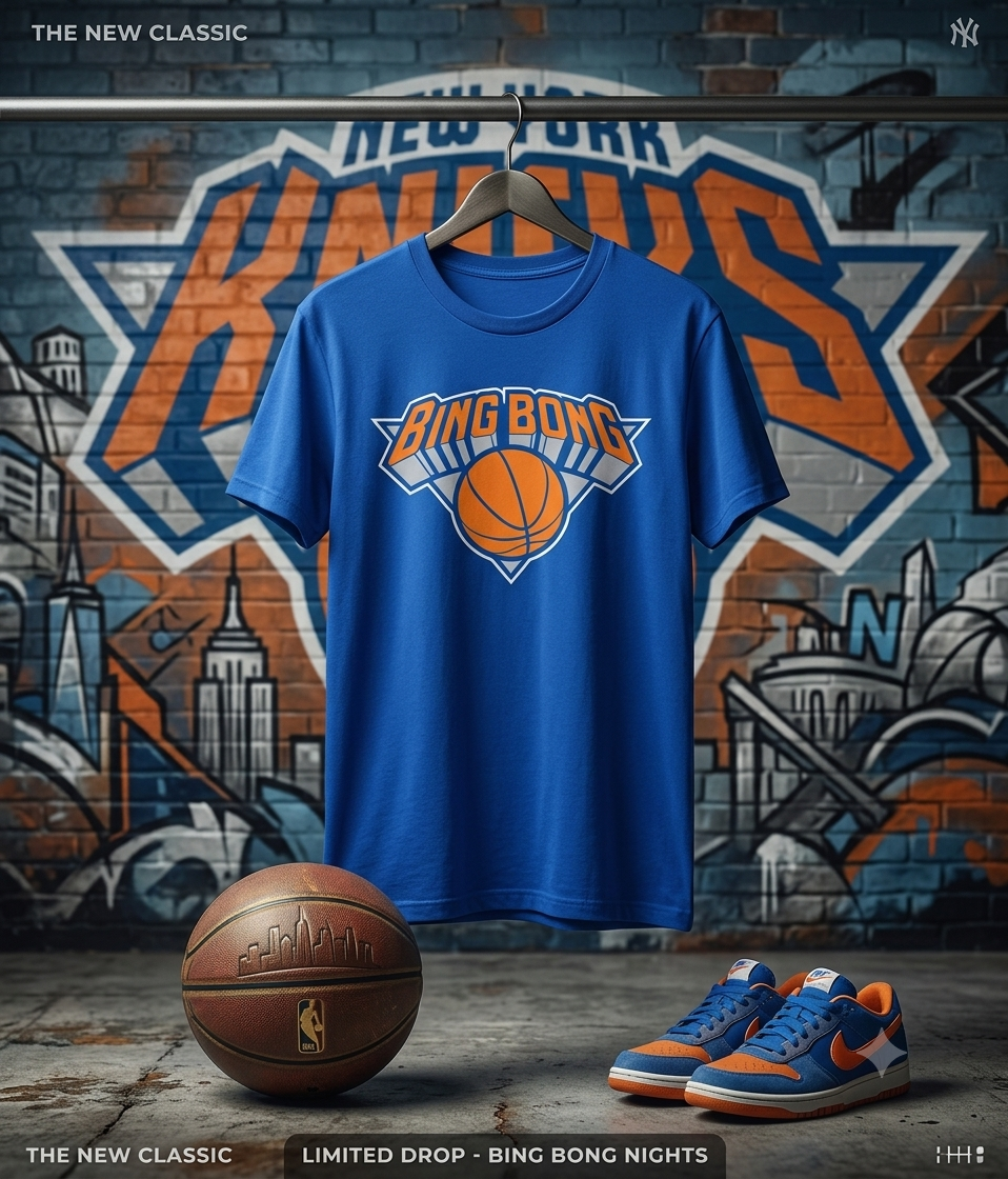 Blue t-shirt with 'Bing Bong' logo, basketball, and shoes in front of a graffiti wall.