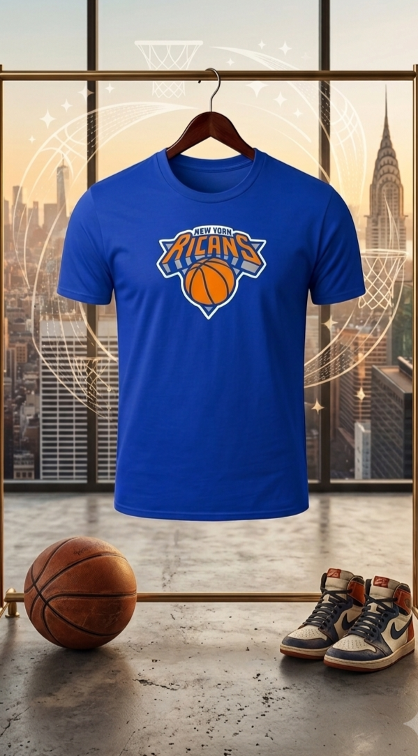 Blue t-shirt with sports team logo on a hanger, next to a basketball and sneakers, against a cityscape background.