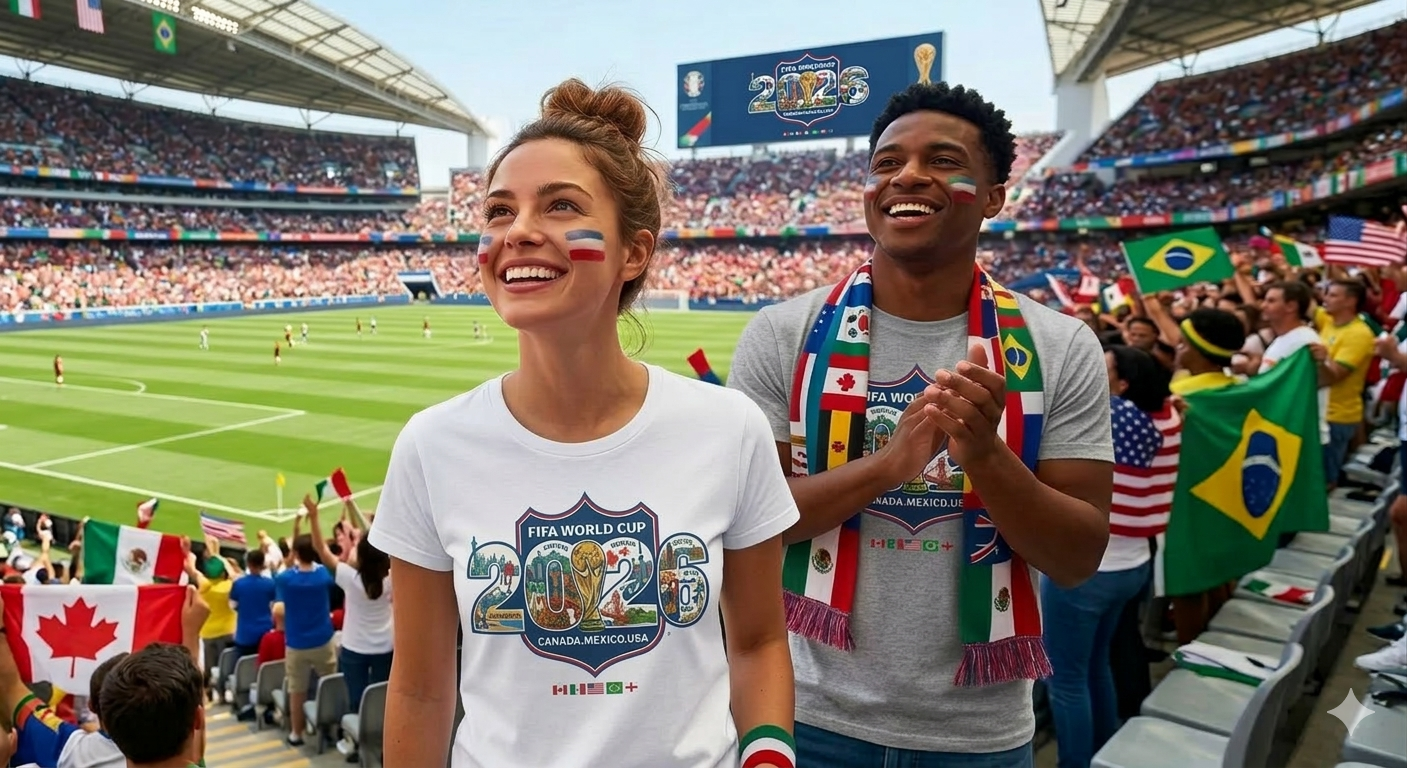 Two people at a soccer stadium with World Cup 2026 branding
