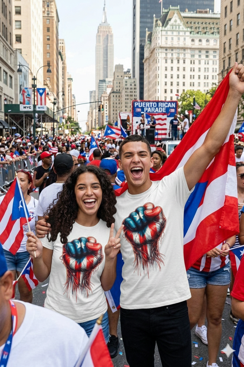 Two people celebrating with Puerto Rican flags and t-shirts in a city street.