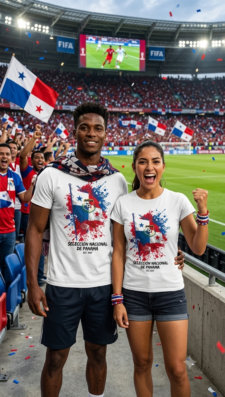Two people at a sports event, wearing white t-shirts with colorful designs, holding flags.