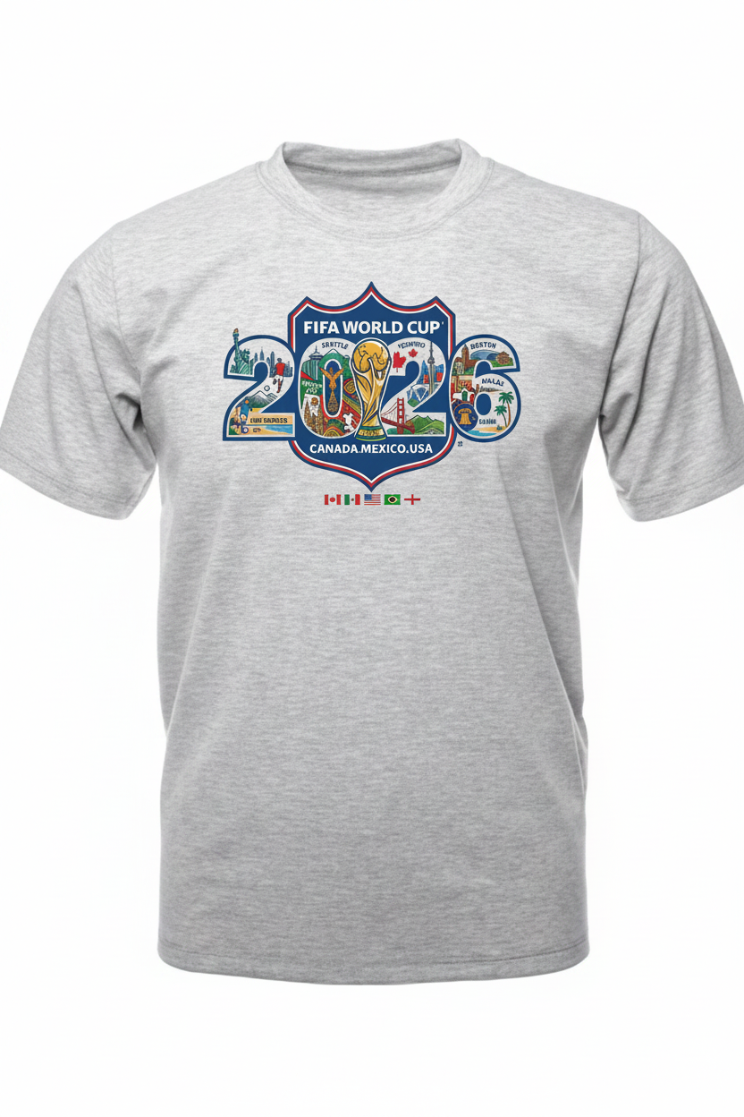 Gray t-shirt with FIFA World Cup 2026 logo on a white background