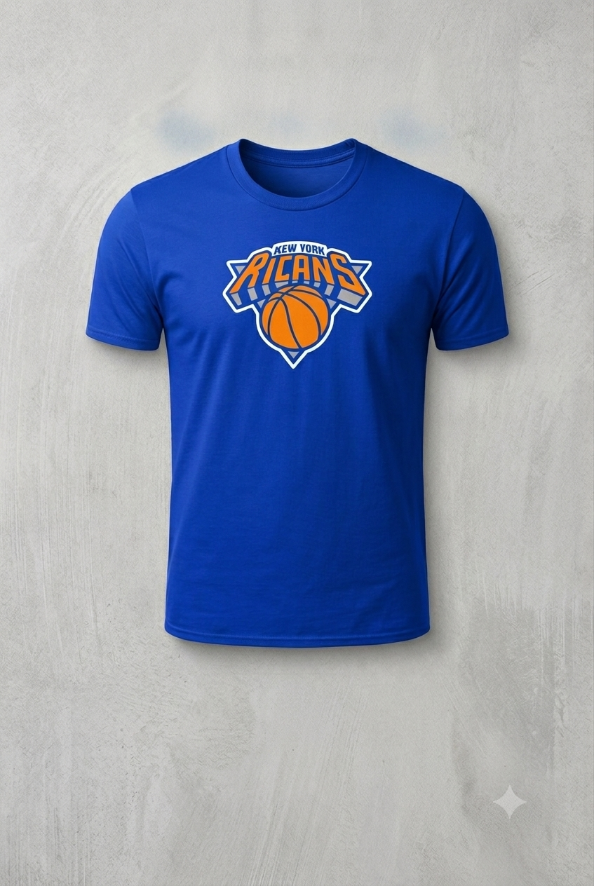 Blue t-shirt with a basketball team logo on a gray background