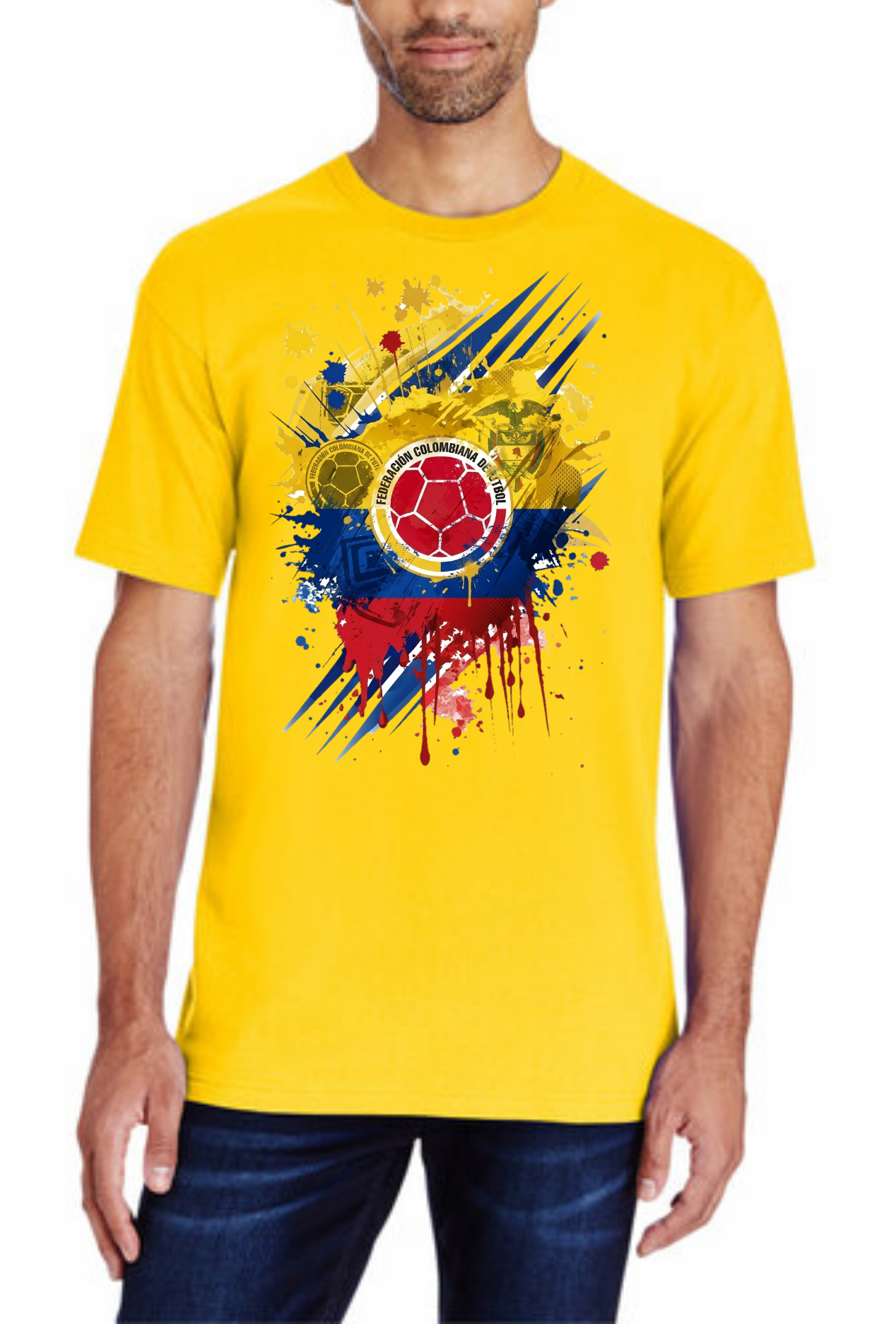 Man wearing a yellow t-shirt with a colorful graphic design on a white background
