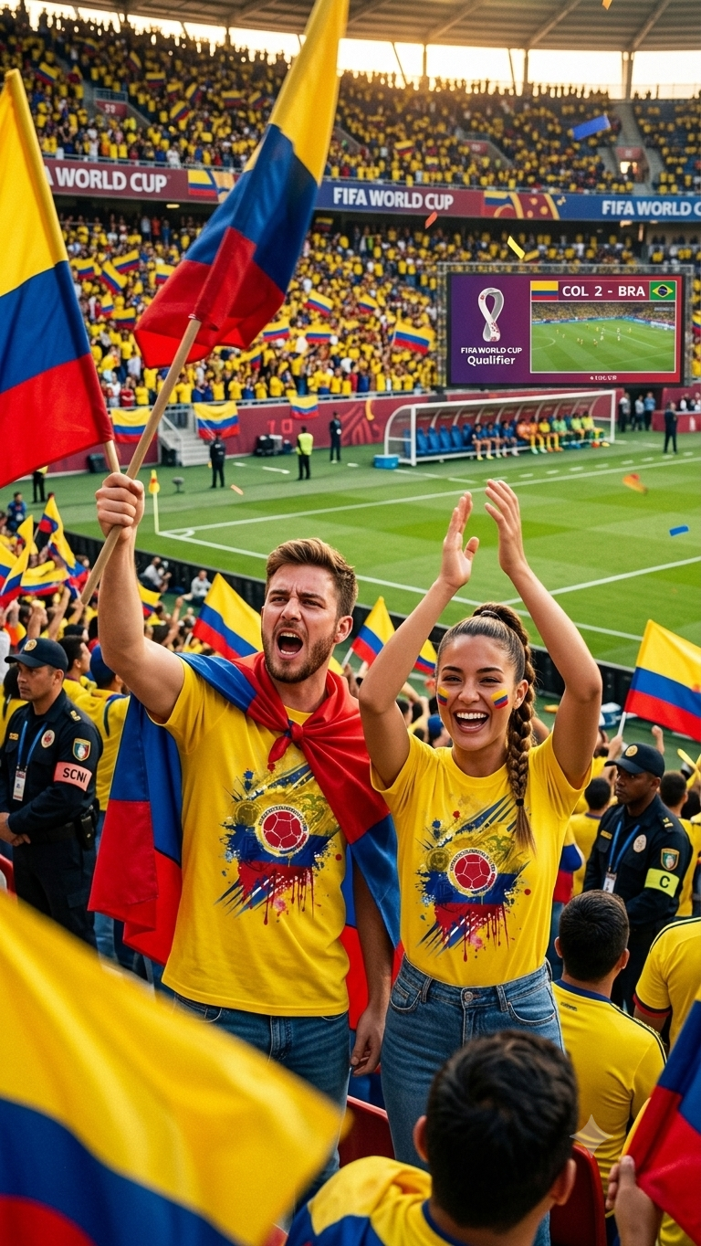 Two people in Colombia-themed shirts and flags celebrating on a soccer field during the World Cup.