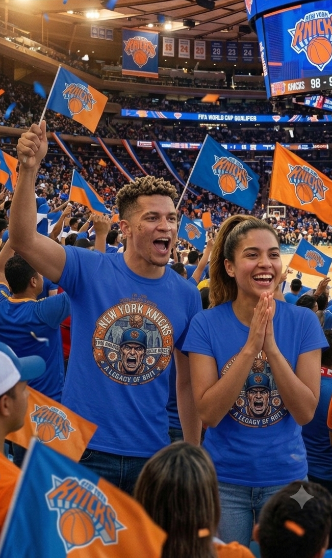 Two people in blue New York Knicks shirts cheering in a stadium filled with fans.