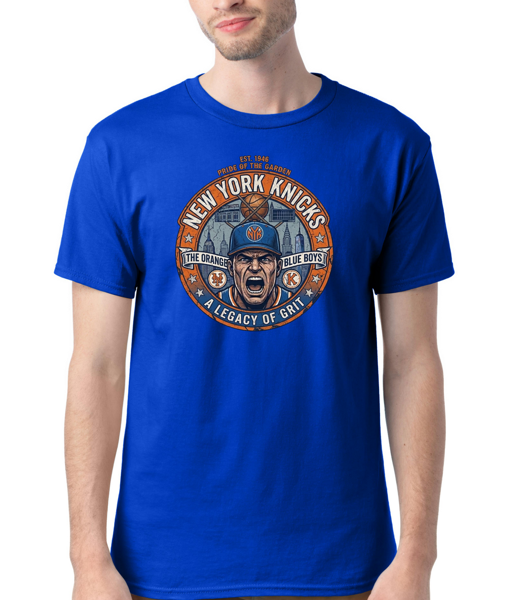 Person wearing a blue t-shirt with New York Knicks graphic design