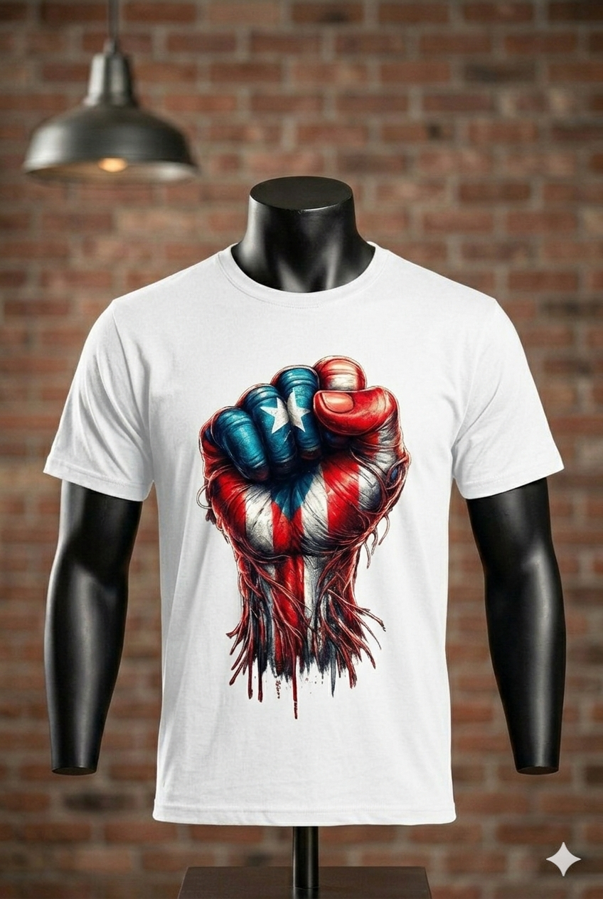White t-shirt with a colorful fist graphic on a mannequin against a brick wall.
