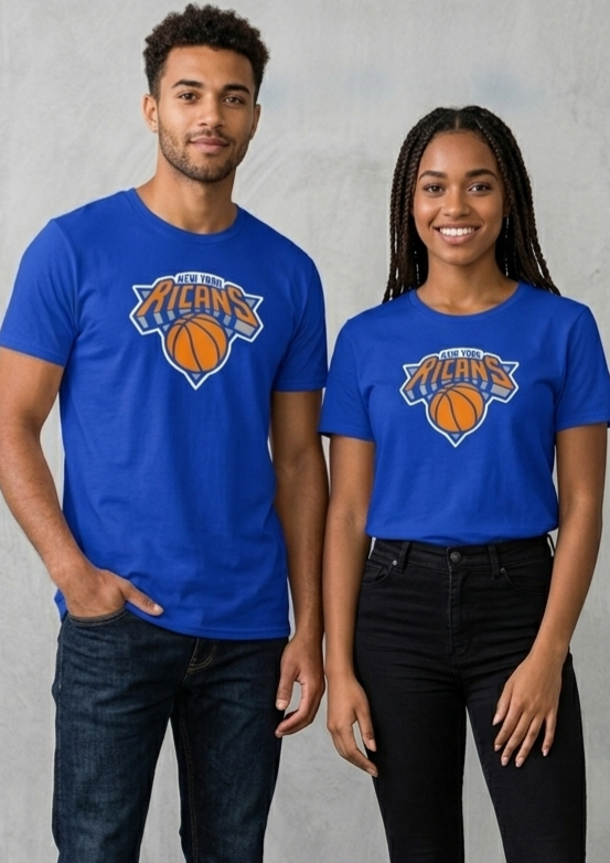 Two people wearing blue t-shirts with a sports team logo on a gray background