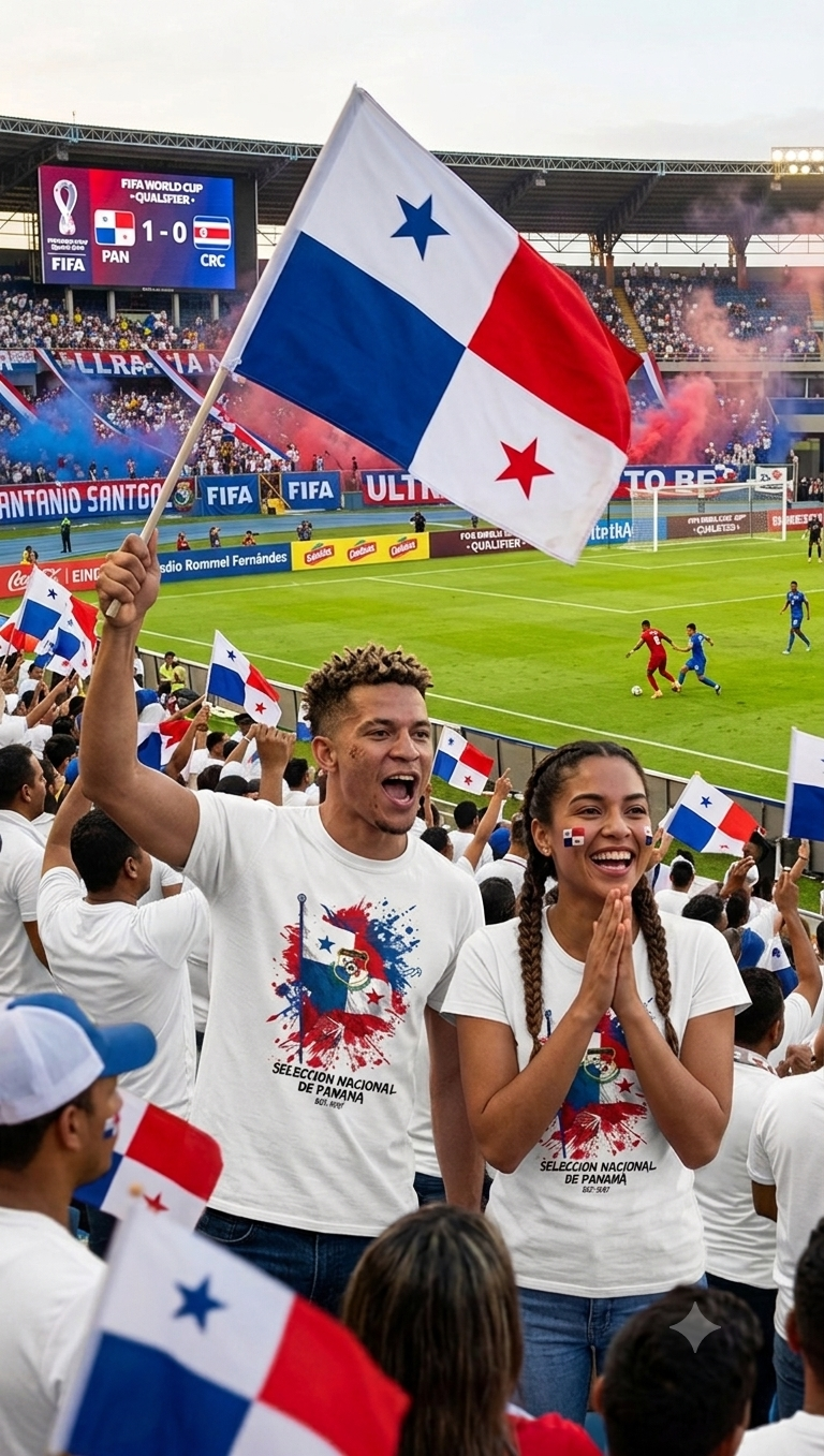 People in a stadium waving Panamanian flags during a sports event.