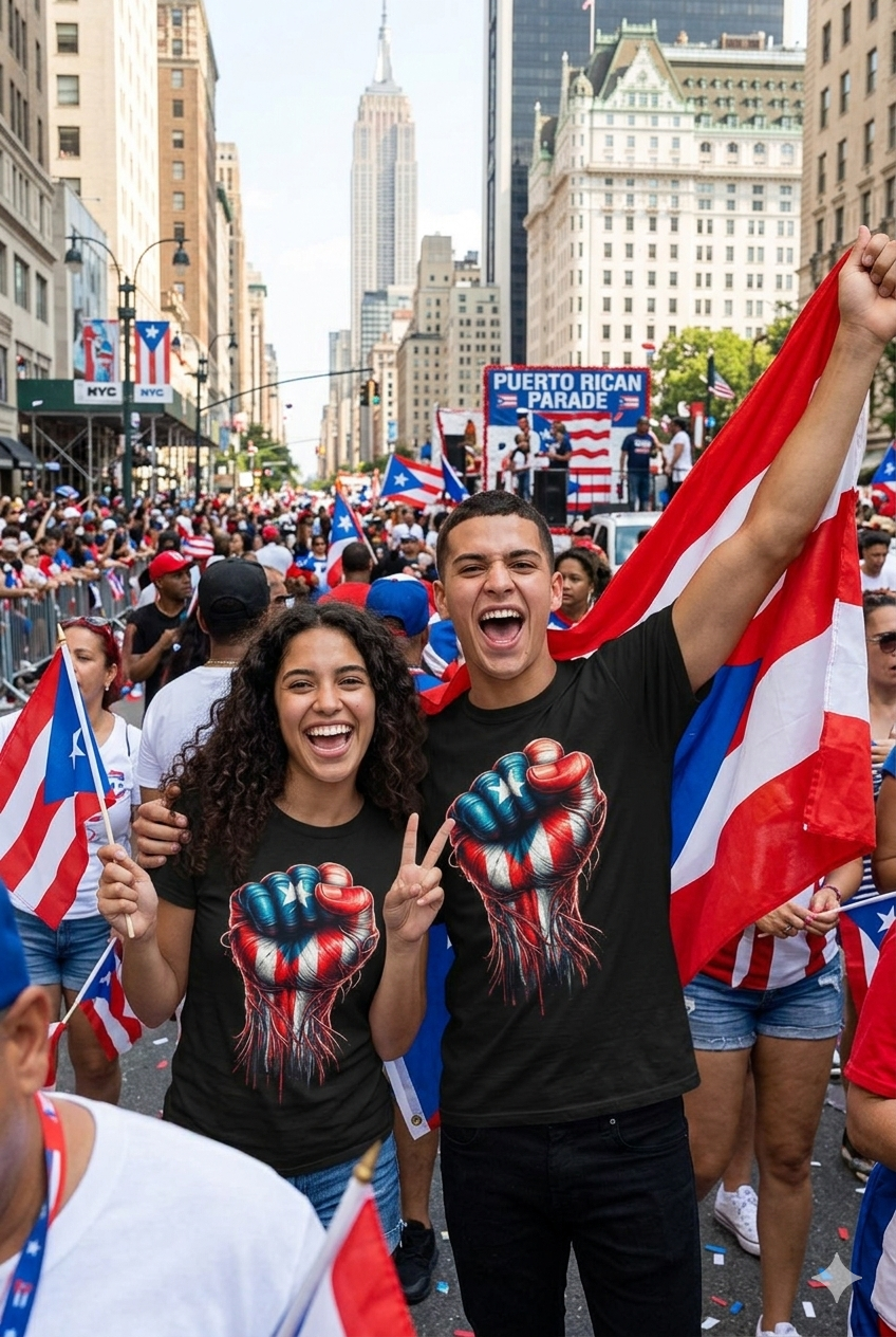 People celebrating with Puerto Rican flags in a city street